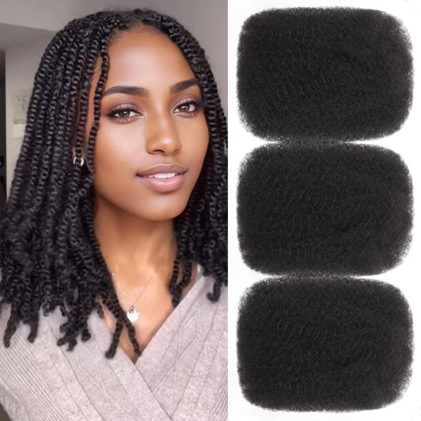 Afro Kinkys Bulk Human Hair 3 Pack 150g,Afro Kinky-Curly Human Hair Bulk Hair Bulk Human Braiding Hair for Dreadlock Extensions Repair Locs,Twist Afro Kinky Twist Extensions (14 Inch,50g/Pack)
