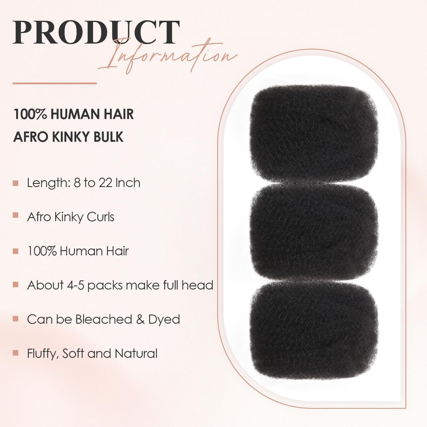 Afro Kinkys Bulk Human Hair 3 Pack 150g,Afro Kinky-Curly Human Hair Bulk Hair Bulk Human Braiding Hair for Dreadlock Extensions Repair Locs,Twist Afro Kinky Twist Extensions (14 Inch,50g/Pack)