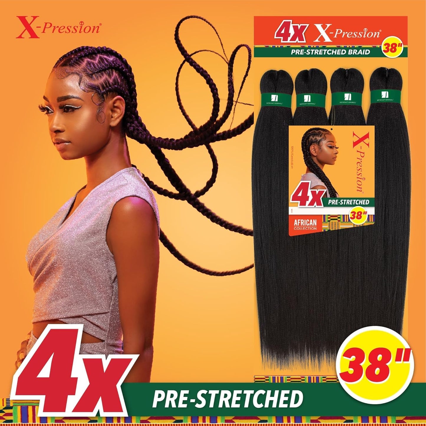 Sensationnel X-pression prestretched braiding hair - 4x braid 38 inch all kanekalon flame retardant synthetic braid for box braids and twists (1 pack, 4 MEDBROWN)
