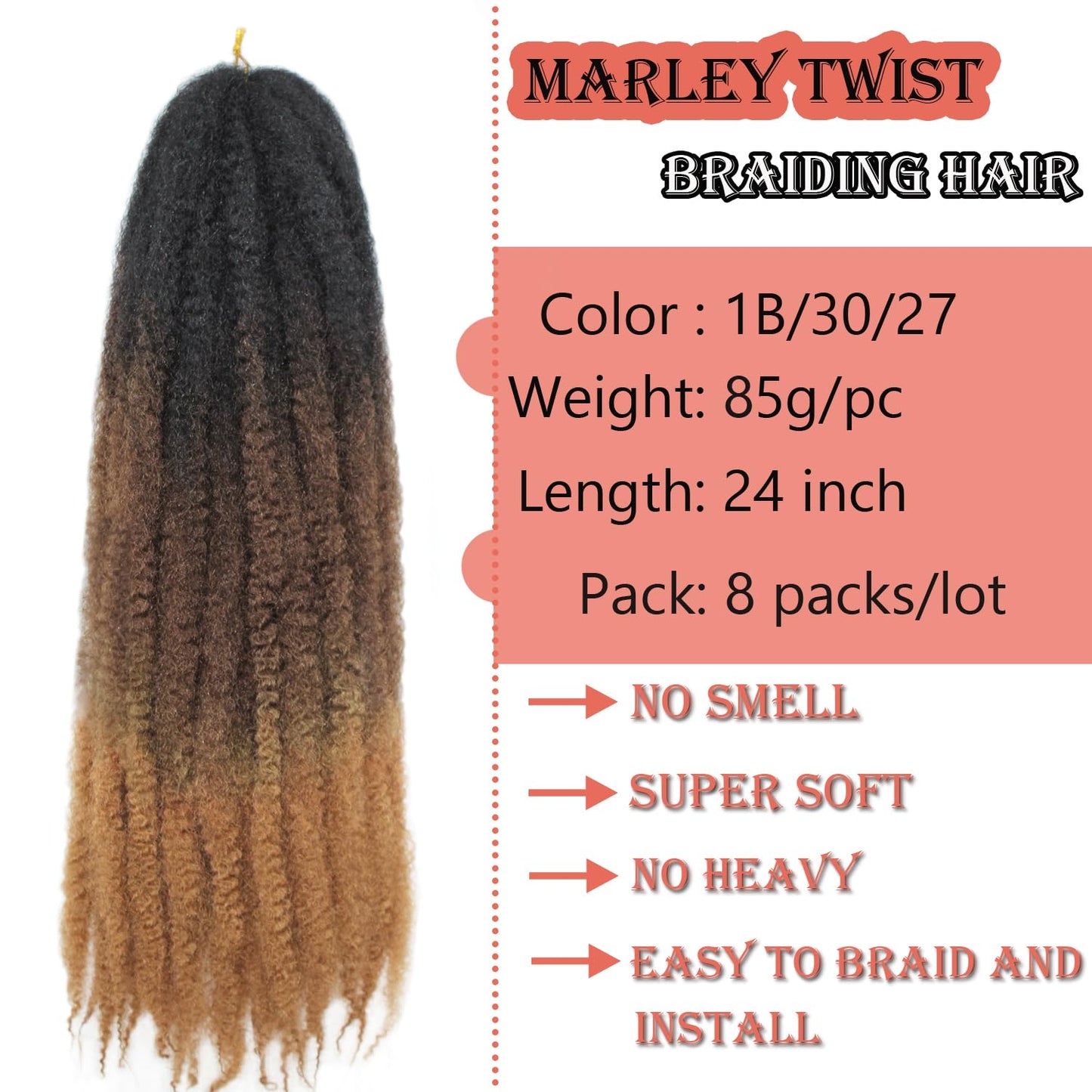 Vustbeauty Marley Twist Braiding Hair 24 Inch Marley Twist Hair Long Cuban Twist Hair 8 Packs Afro Kinky Curly Twist Crochet Hair Synthetic Marley Hair Extensions (24 Inch 8packs, 1B)