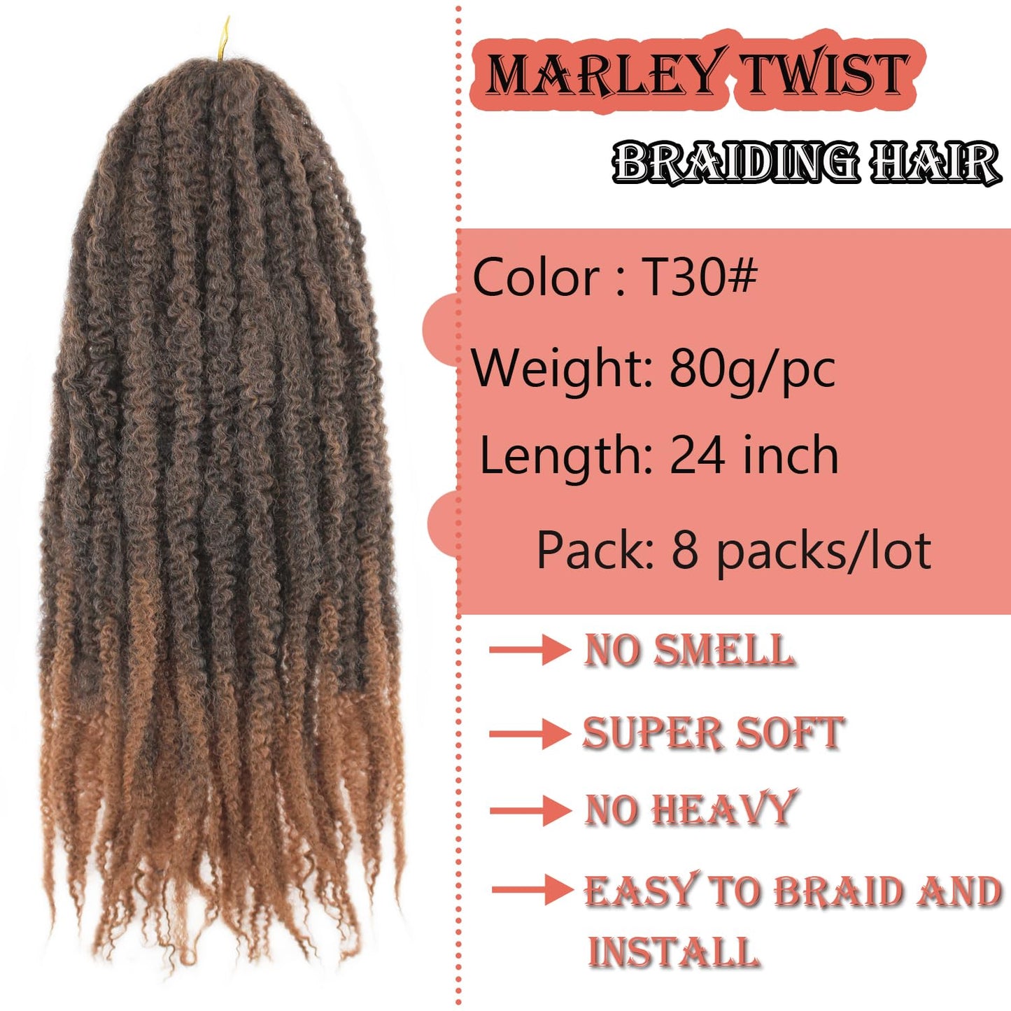 Vustbeauty Marley Twist Braiding Hair 24 Inch Marley Twist Hair Long Cuban Twist Hair 8 Packs Afro Kinky Curly Twist Crochet Hair Synthetic Marley Hair Extensions (24 Inch 8packs, 1B)