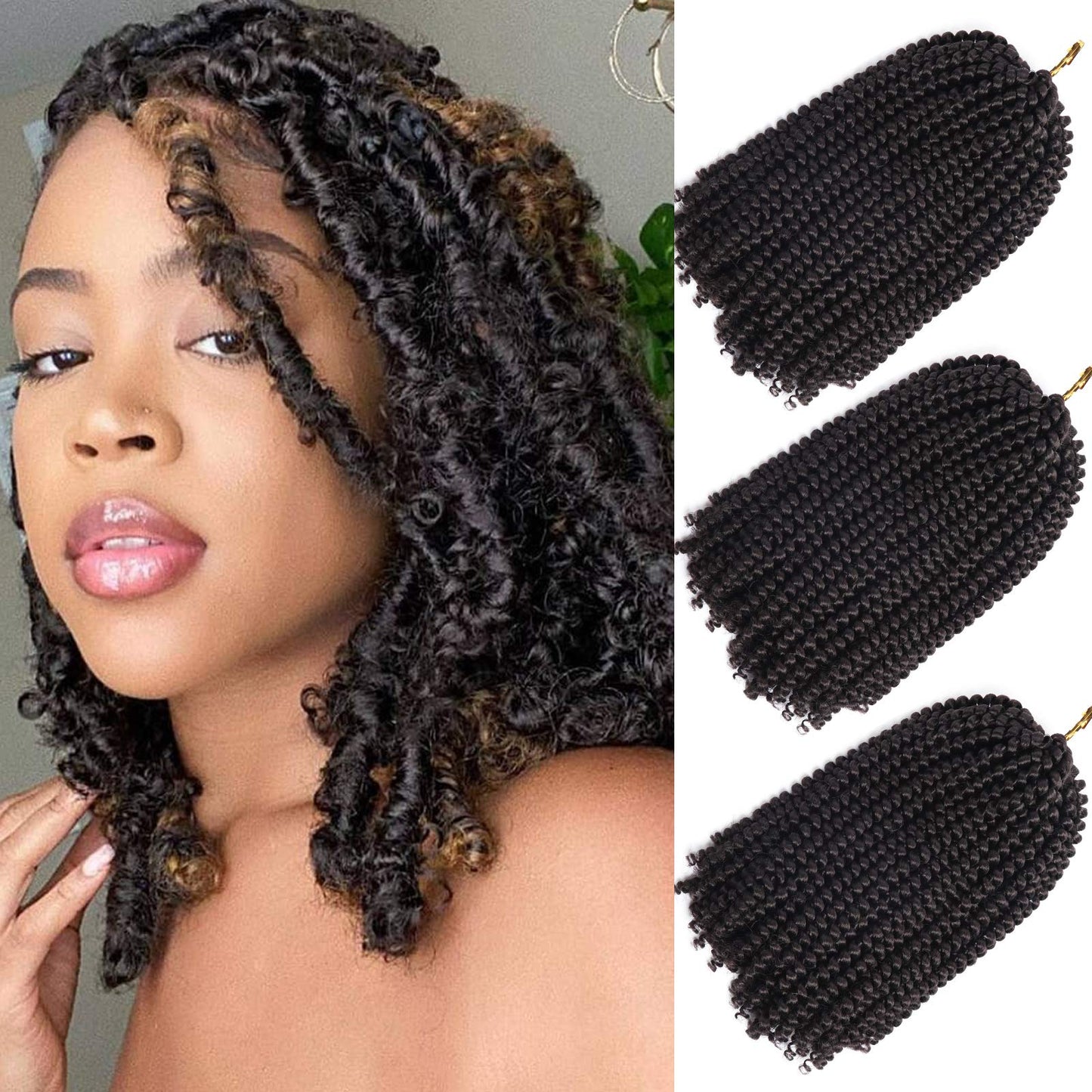 Beyond Beauty Spring Twist Crochet Hair 90strands 8 Inch Fluffy Spring Twists Braiding,Spring Twist Crochet Braids Bomb for Black Women (1B)